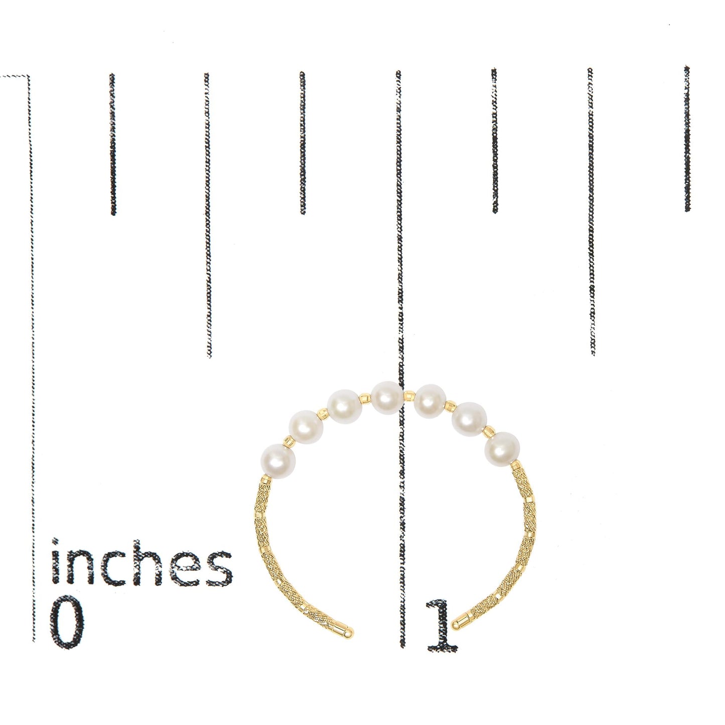 Yellow metal bracelet with pearl-like white gemstones strung along top half, shown on a scale, angled flat overhead.