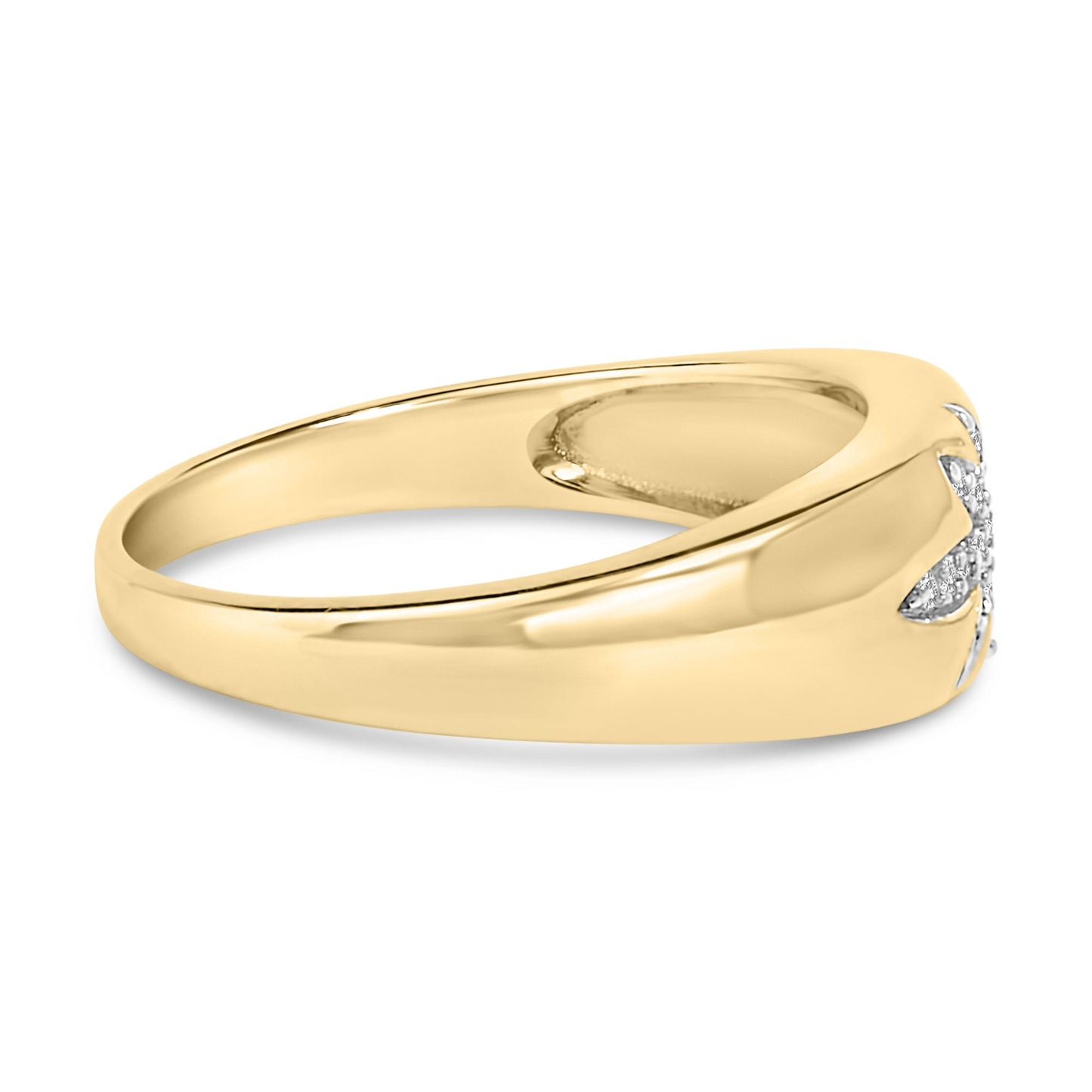 Close-up side angle of a yellow ring with white round gemstones set in prongs on the band.