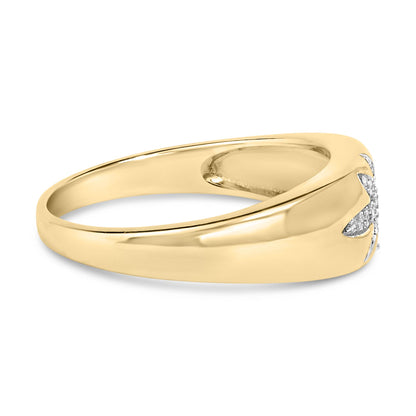 Close-up side angle of a yellow ring with white round gemstones set in prongs on the band.