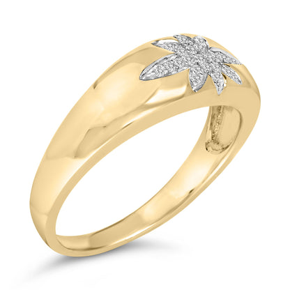 Close-up angled view of a yellow ring with a floral pattern featuring white round gemstones set in prongs on the top.