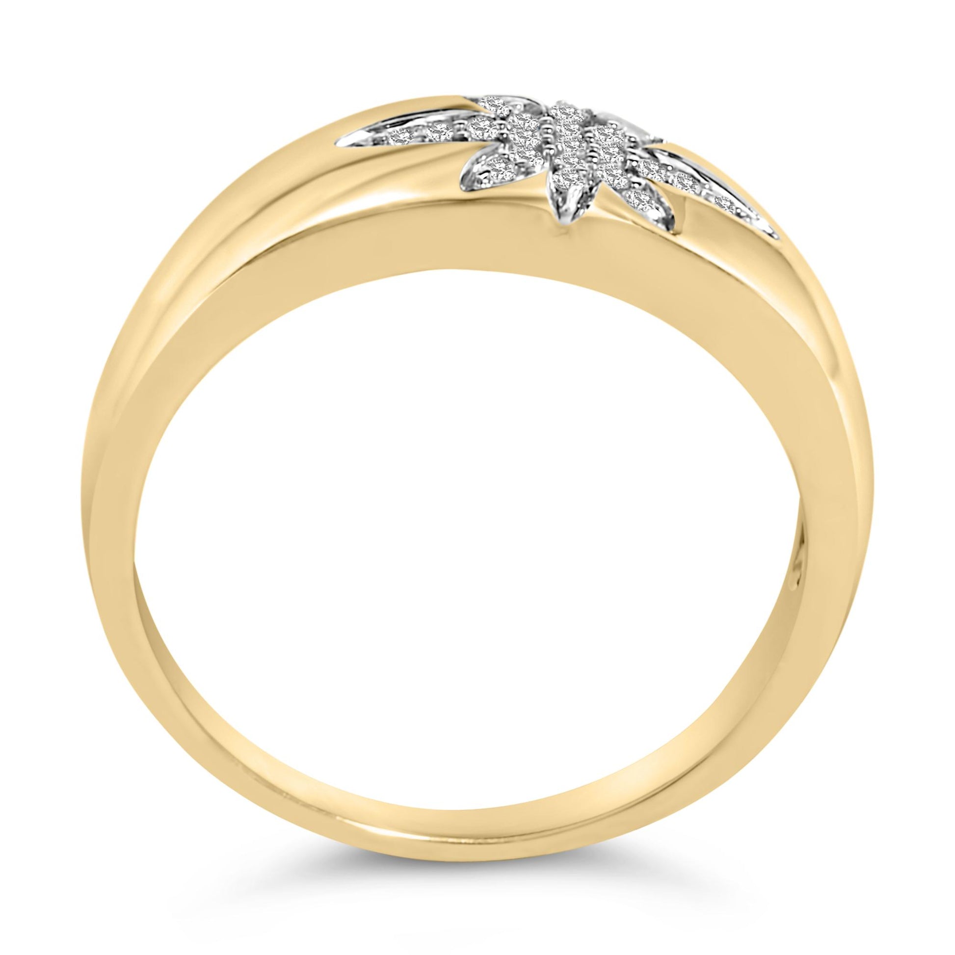 Close-up front view of a yellow metal ring featuring two clusters of white round gemstones set in prongs on the top.