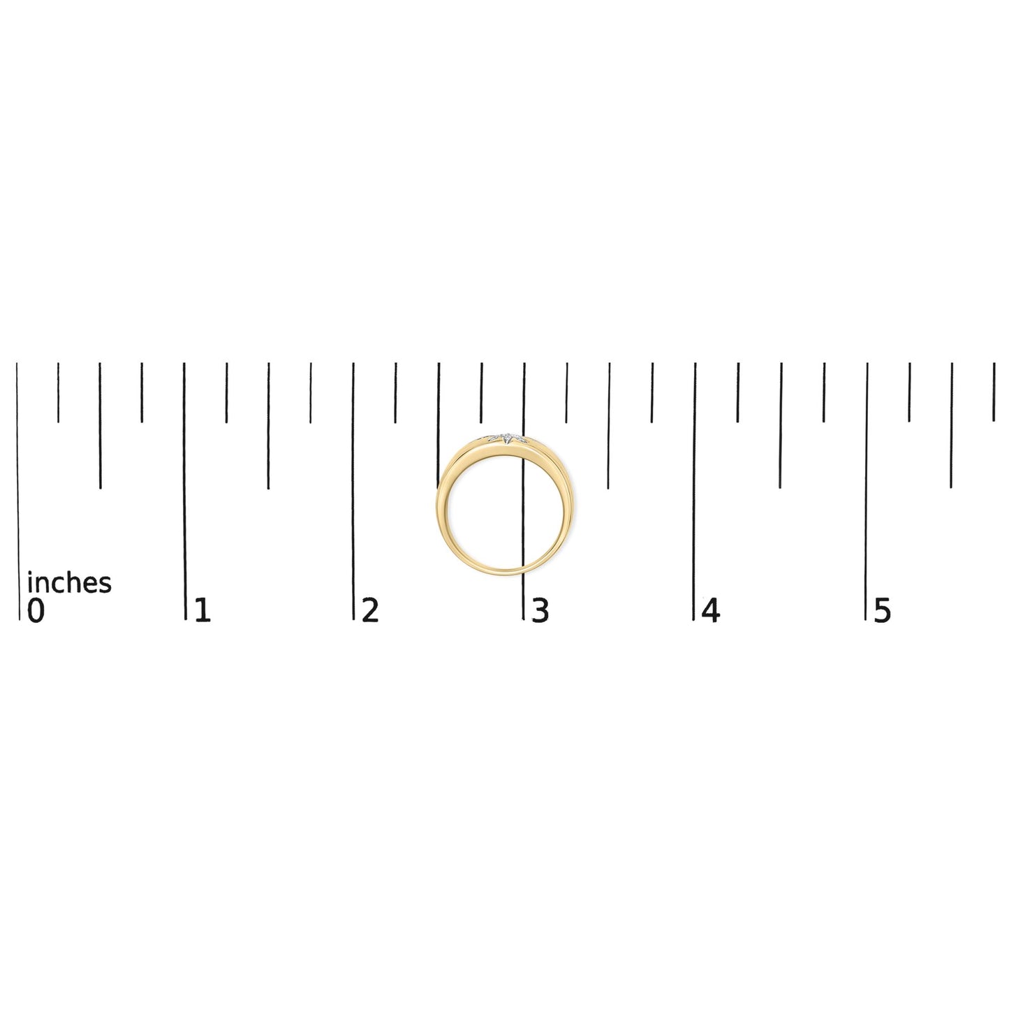 Yellow metal ring with two rows of small round white gemstones in prong settings, shown from the top on a ruler scale.