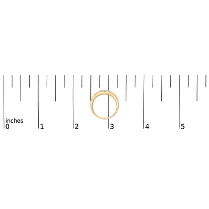 Yellow metal ring with two rows of small round white gemstones in prong settings, shown from the top on a ruler scale.