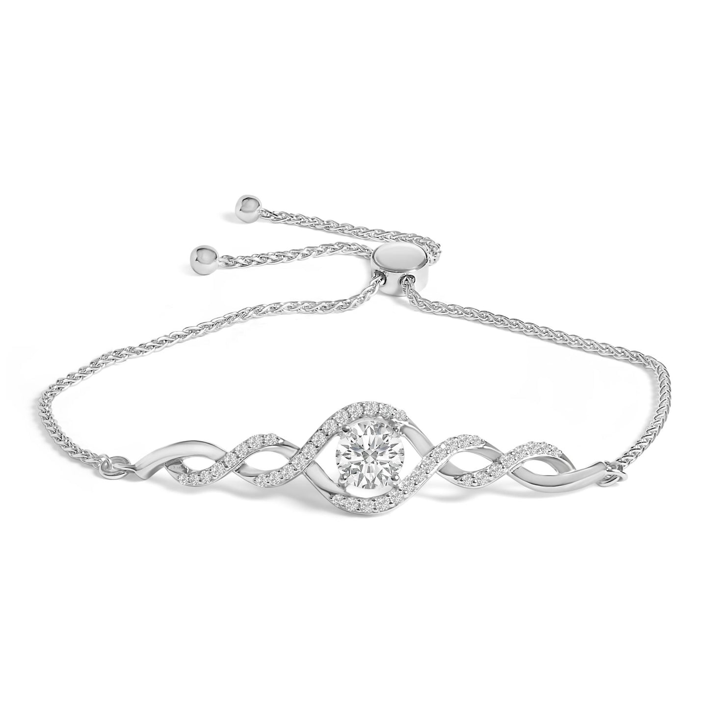 White metal bracelet with twisted wave design featuring a single larger round white gemstone in a four-prong setting at the center, surrounded by smaller round white gemstones in prong settings along the waves, shown at a front flat angle on a white background.