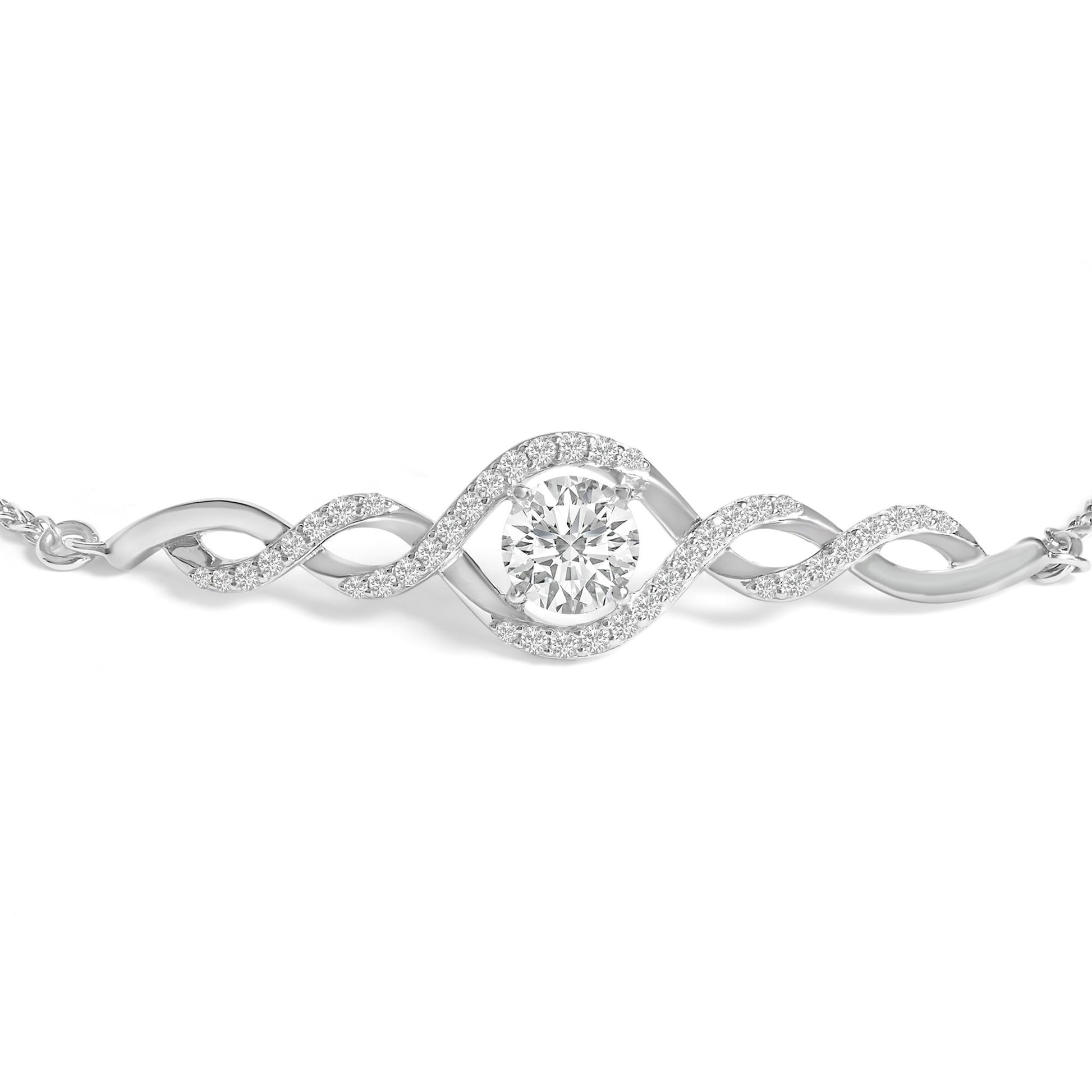 Close-up front view of a white metal bracelet with a central round white gemstone in a four-prong setting, flanked by twisted bands adorned with multiple round white gemstones in prong settings.