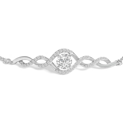 Close-up front view of a white metal bracelet with a central round white gemstone in a four-prong setting, flanked by twisted bands adorned with multiple round white gemstones in prong settings.