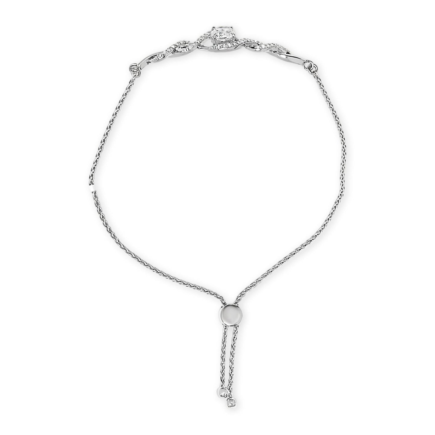 White metal bracelet with a round adjustable slider and delicate chain, featuring a larger central white gemstone and smaller white gemstones along the top section, shown from a top-down angle on a white background.