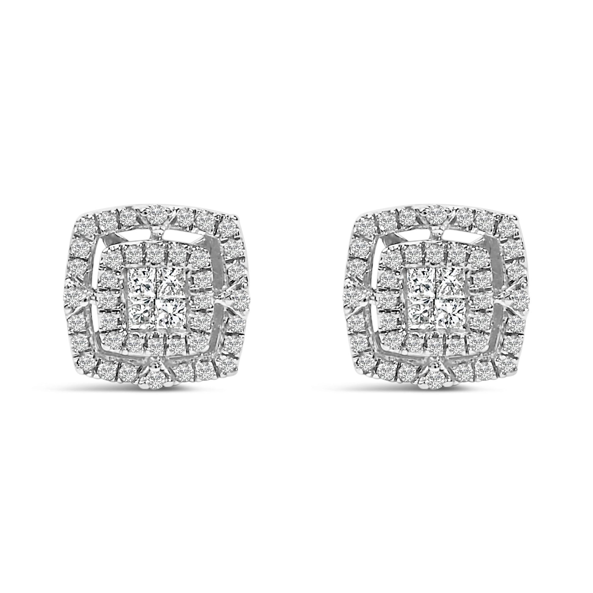 Front view of a pair of white metal stud earrings featuring a square shape with princess-cut white gemstones in invisible settings at the center, surrounded by a halo of round white gemstones in shared prong settings.