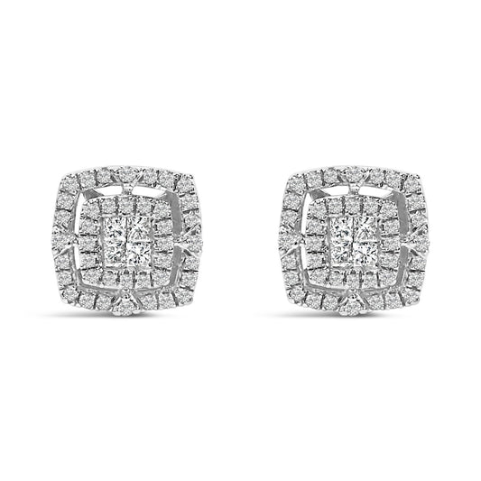 Front view of a pair of white metal stud earrings featuring a square shape with princess-cut white gemstones in invisible settings at the center, surrounded by a halo of round white gemstones in shared prong settings.
