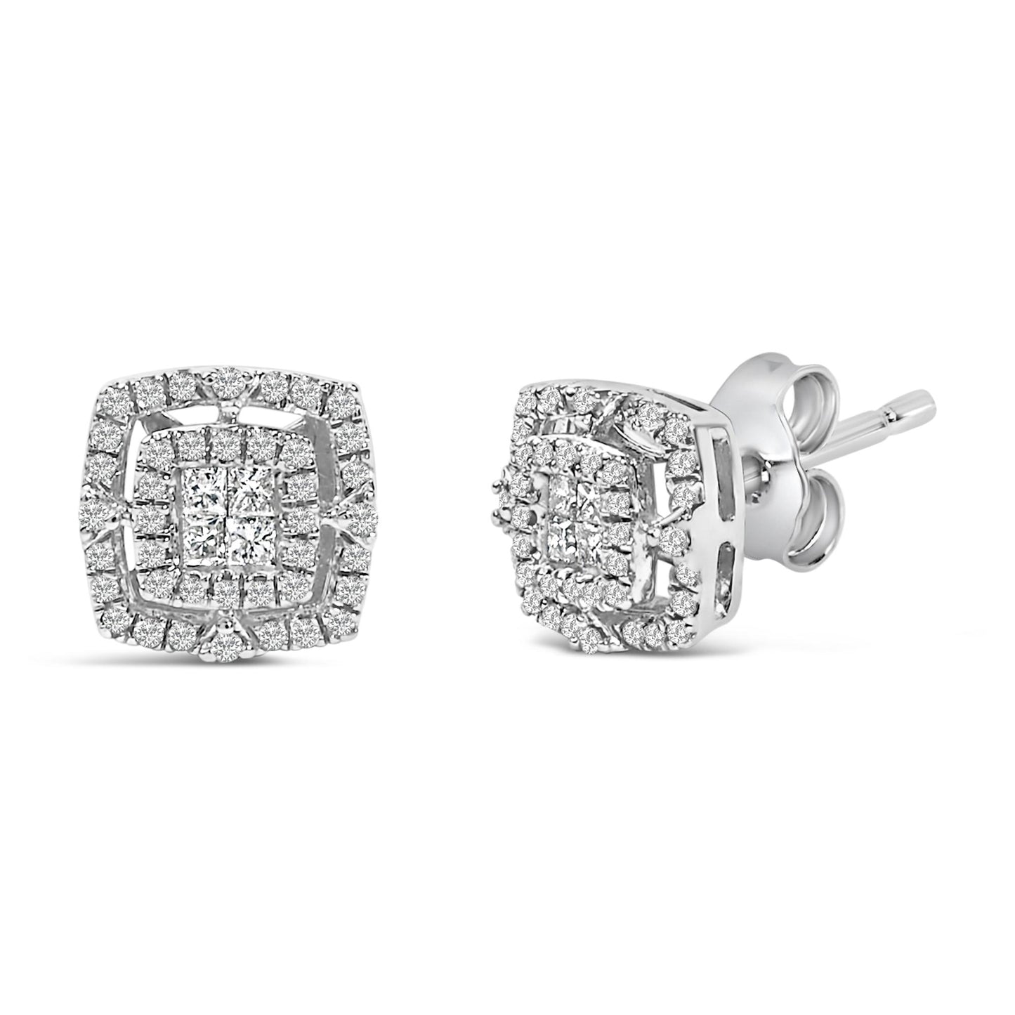 Close-up front and side angle of square-shaped white metal earrings featuring a center cluster of princess shape white gemstones with invisible setting, surrounded by round shape white gemstones with shared prong setting.