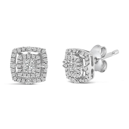 Close-up front and side angle of square-shaped white metal earrings featuring a center cluster of princess shape white gemstones with invisible setting, surrounded by round shape white gemstones with shared prong setting.