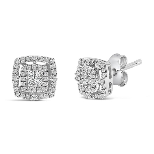 Close-up front and side angle of square-shaped white metal earrings featuring a center cluster of princess shape white gemstones with invisible setting, surrounded by round shape white gemstones with shared prong setting.