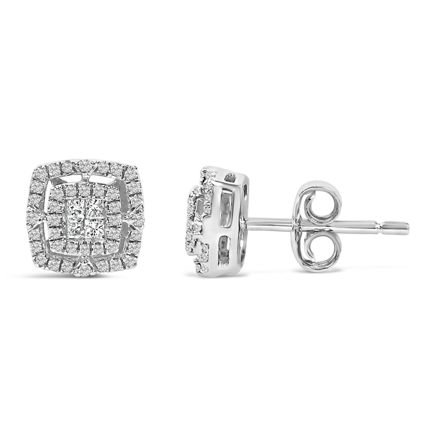 Close-up front and side views of a pair of white metal square-shaped stud earrings featuring central princess-shaped white gemstones with invisible setting, surrounded by multiple round-shaped white gemstones in shared prong setting.