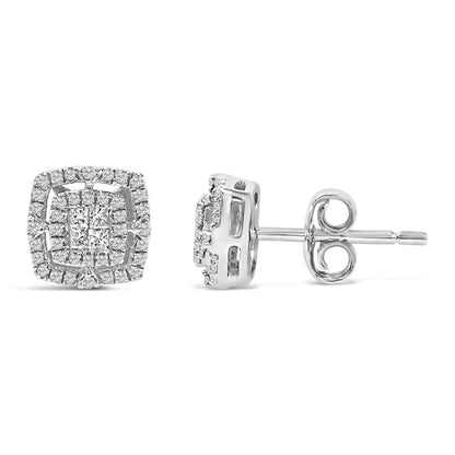 Close-up front and side views of a pair of white metal square-shaped stud earrings featuring central princess-shaped white gemstones with invisible setting, surrounded by multiple round-shaped white gemstones in shared prong setting.