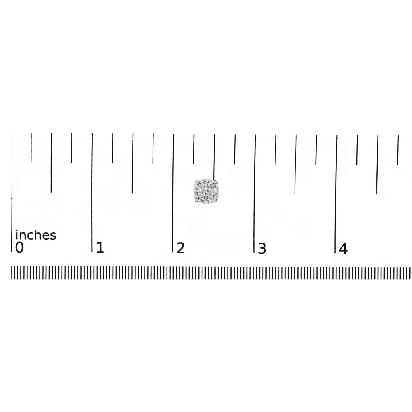 Square-shaped white metal earring with cluster of small white round and princess-shaped gemstones, shown on a scale from a top front angle.