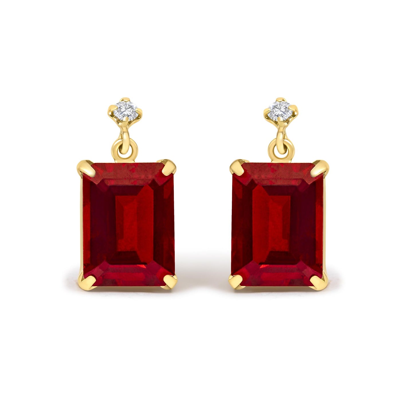 Close-up front view of yellow metal earrings with red emerald-shaped gemstones and white round gemstones held in 4-prong settings.
