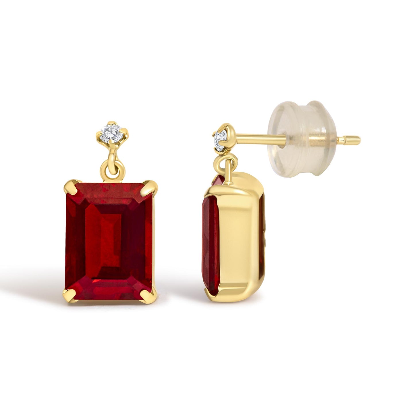 Close-up front and side view of yellow metal earrings with red rectangular gemstones and small round white gemstones set above, shown on a white background.