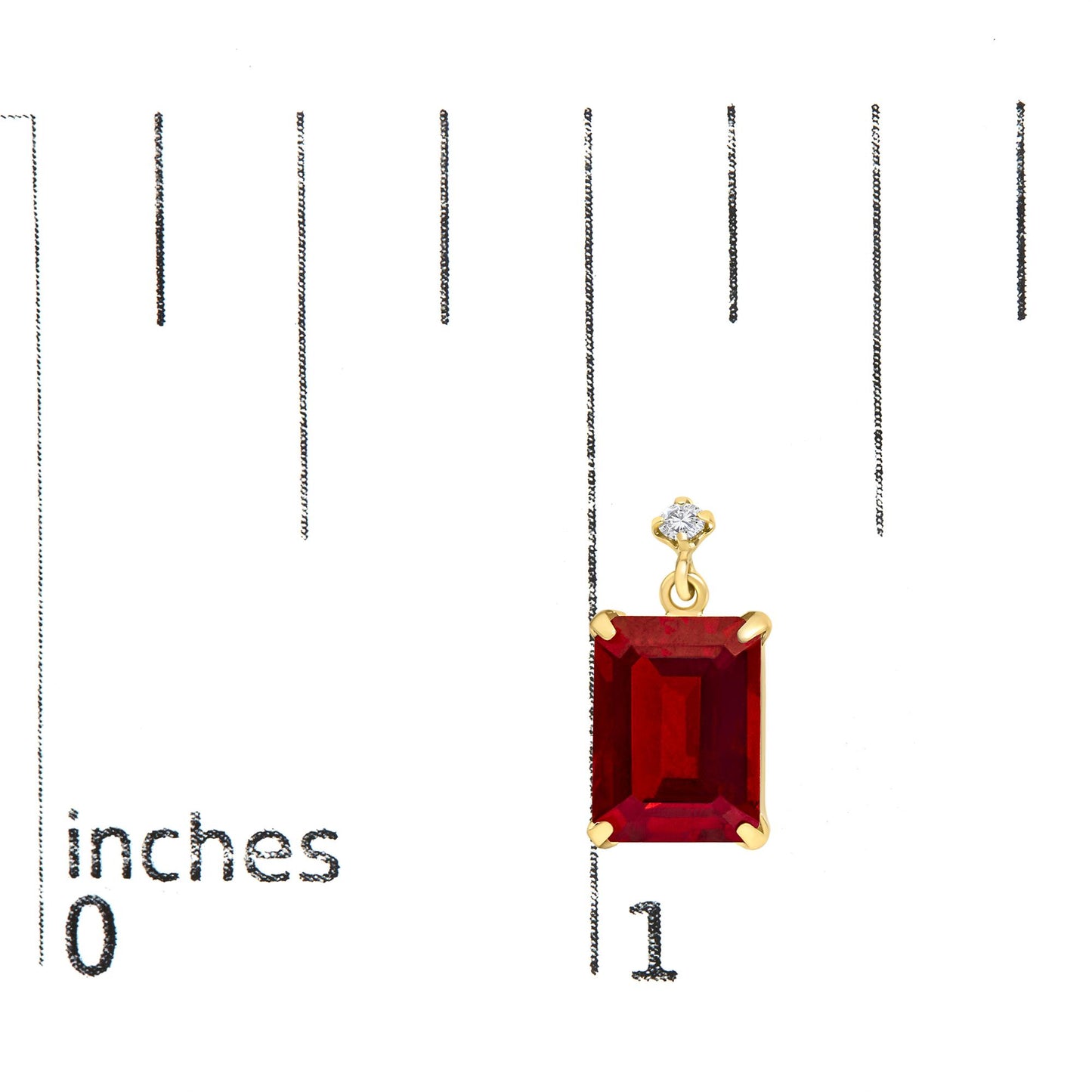 Close-up image of a yellow metal earring with a large red emerald-shaped gemstone in a four-prong setting, topped by a small round white gemstone also in a four-prong setting, shown on a measurement scale from a front angle.