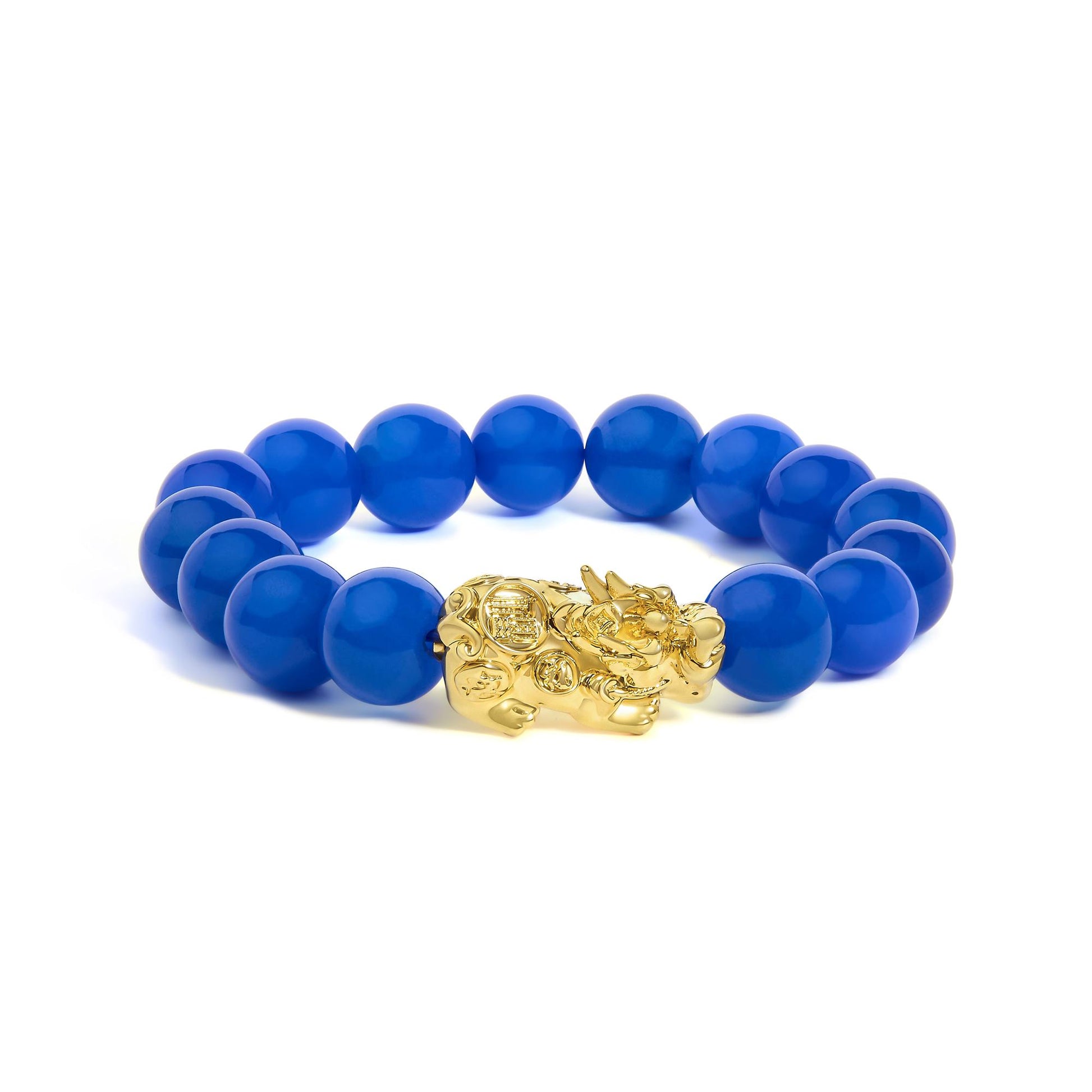 Close-up front angle of a yellow metal bracelet featuring round blue gemstone beads and a detailed yellow metal clasp, shown on a white background.