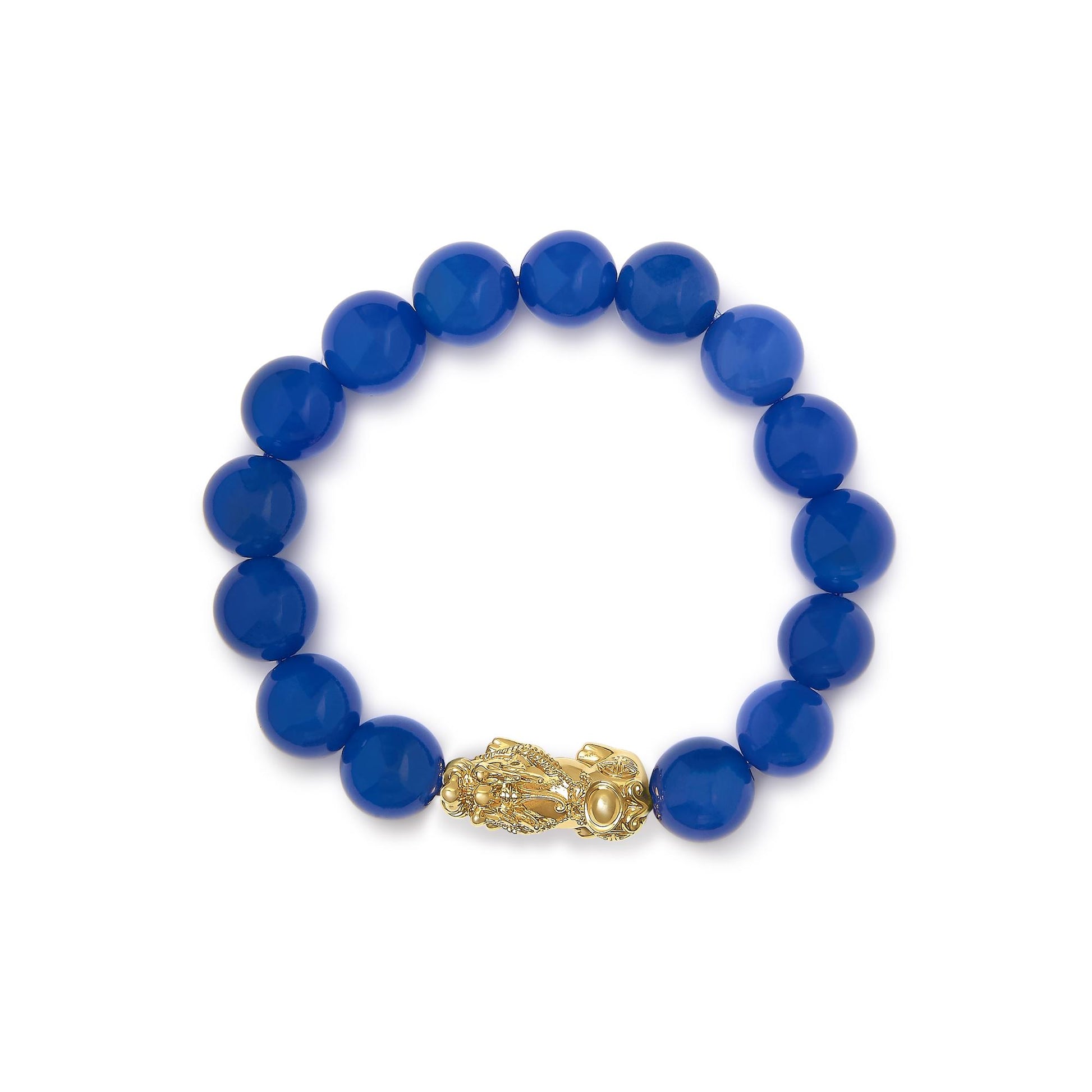 Yellow metal bracelet with round blue gemstone beads and ornate clasp, shown flat from a top angle on a white background.