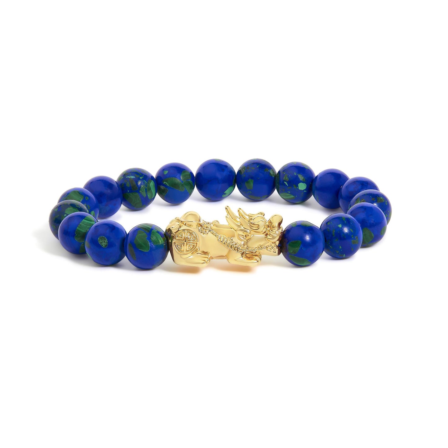 Close-up front angle of a yellow metal bracelet featuring round blue gemstones with green patterns and a gold dragon charm centerpiece, shown on a white background.