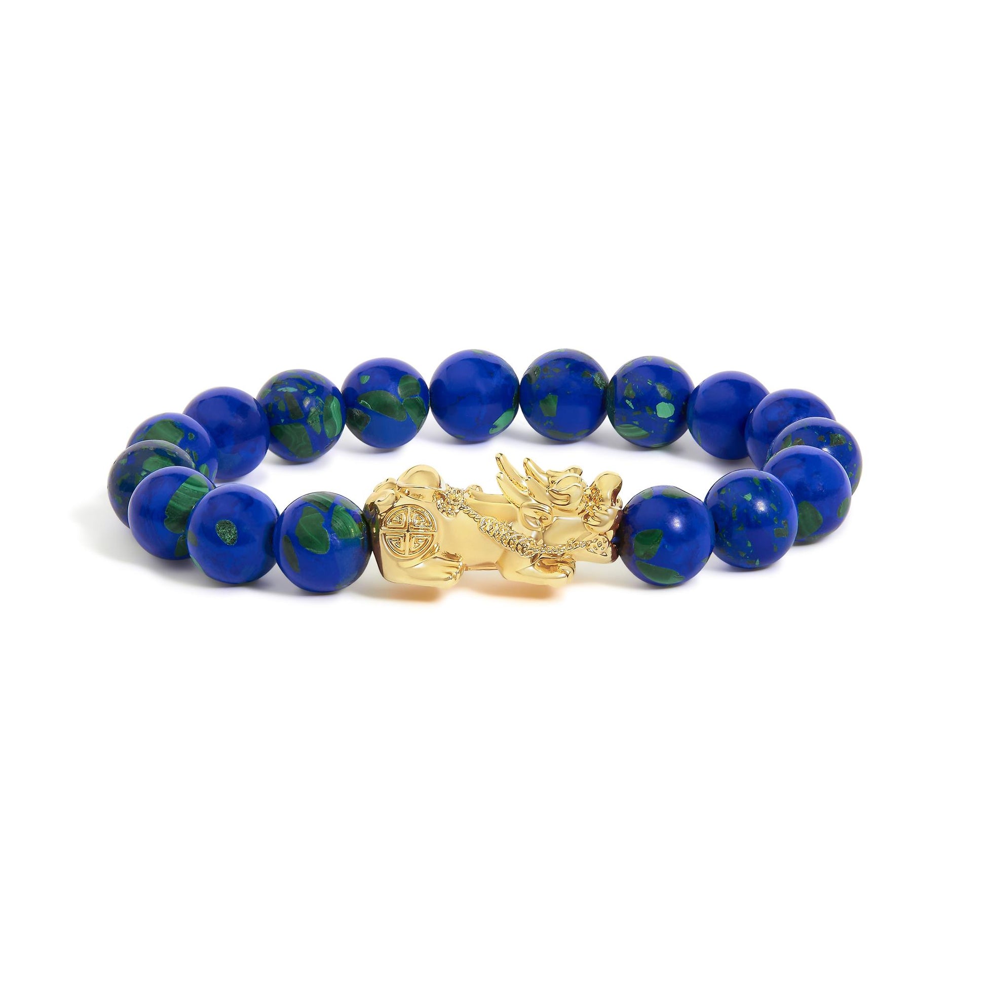 Close-up front angle of a yellow metal bracelet featuring round blue gemstones with green patterns and a gold dragon charm centerpiece, shown on a white background.