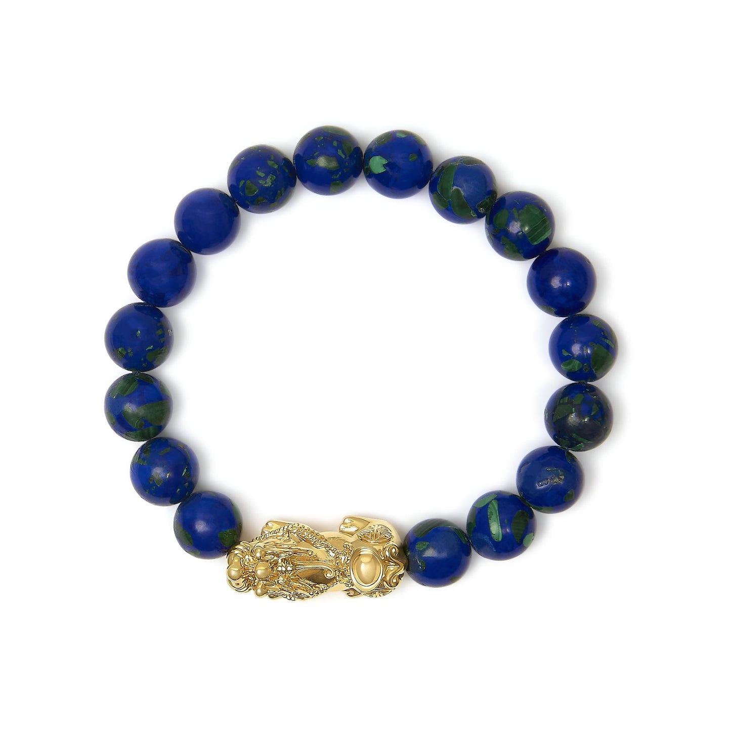 Close-up top view of a yellow metal bracelet featuring round blue gemstones with green accents and a decorative clasp, shown on a white background.