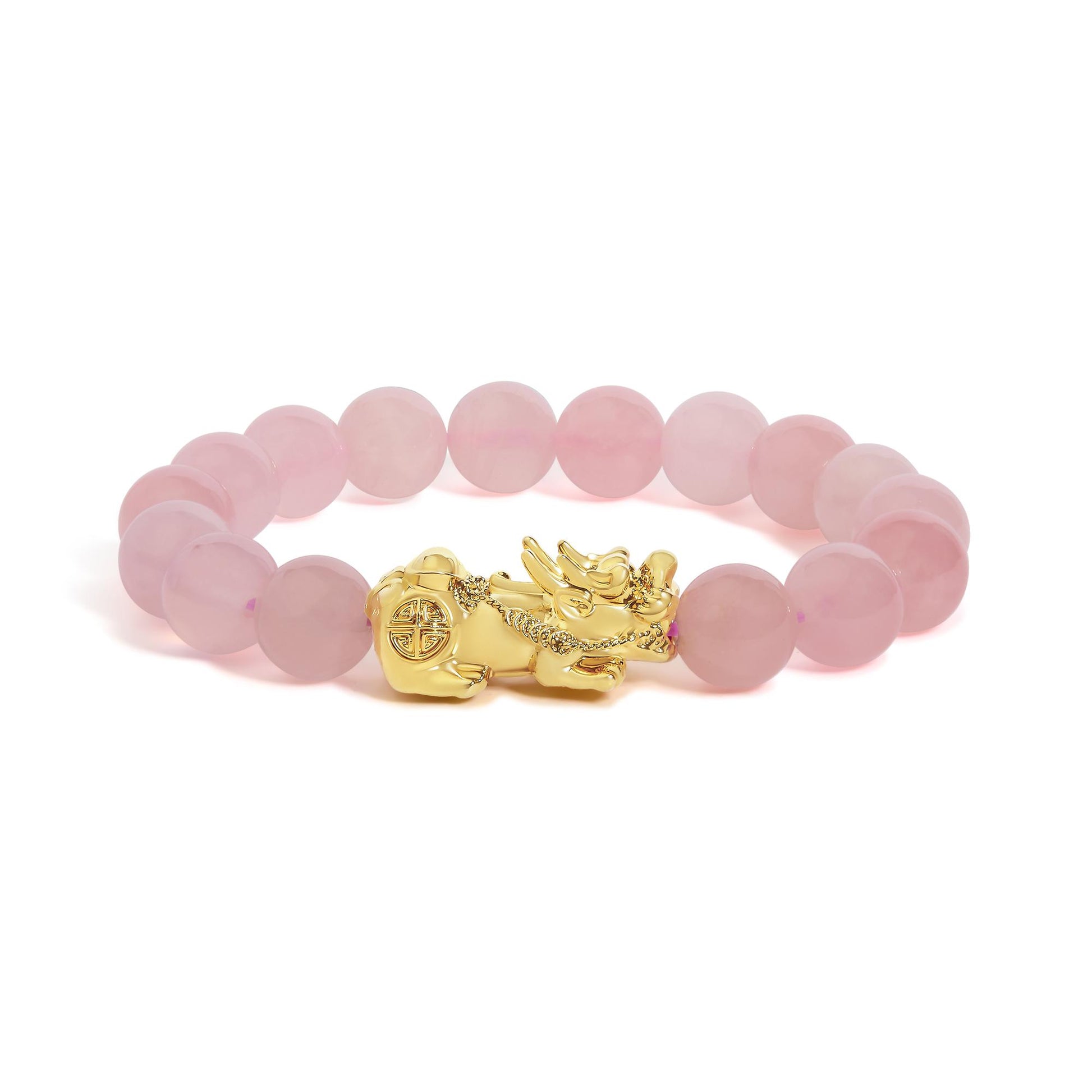 Close-up front angle of a circular bracelet featuring round pink gemstones with a yellow metal decorative element. The bracelet is shown on a white background.