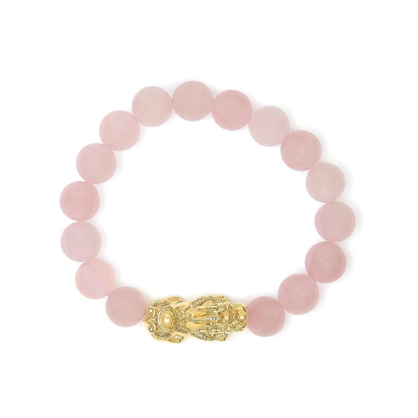 Close-up top-down view of a yellow metal bracelet with round pink gemstones in a drilled setting and an intricately designed clasp.