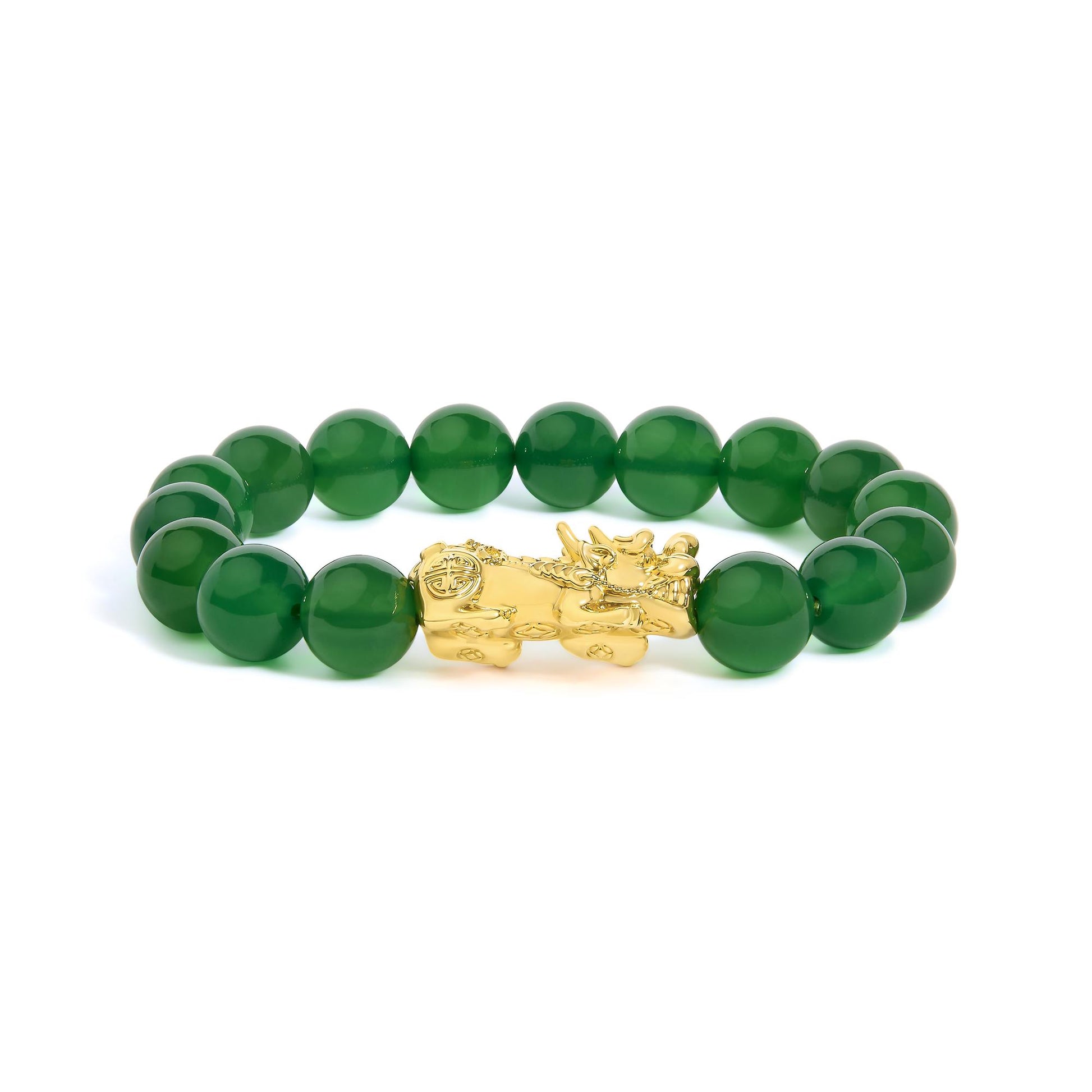 18K Yellow Gold Green Agate Beaded Bracelet with Dragon Charm