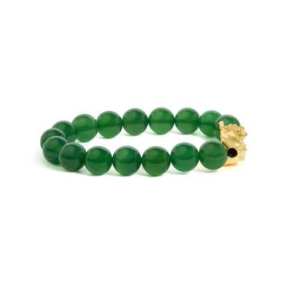 18K Yellow Gold Green Agate Beaded Bracelet with Dragon Charm