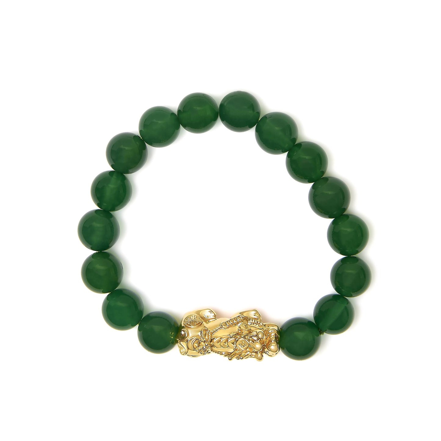 18K Yellow Gold Green Agate Beaded Bracelet with Dragon Charm