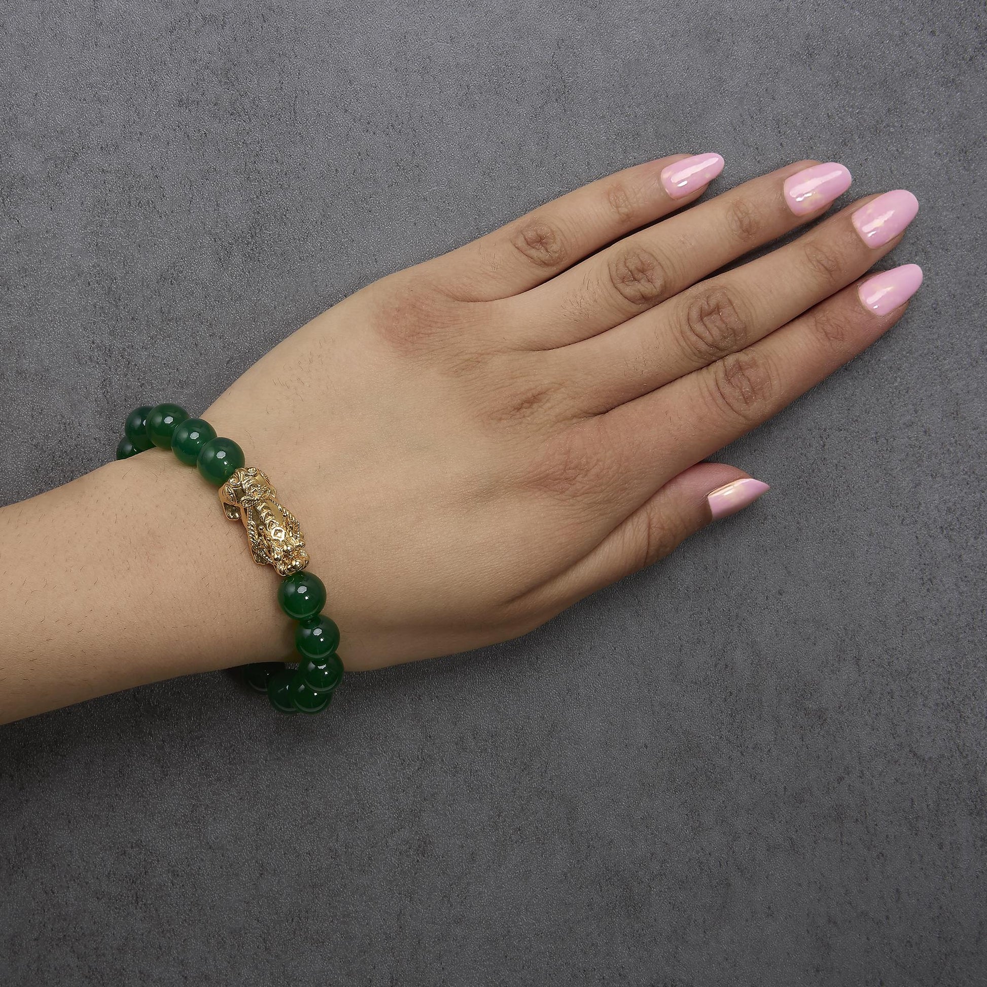 18K Yellow Gold Green Agate Beaded Bracelet with Dragon Charm