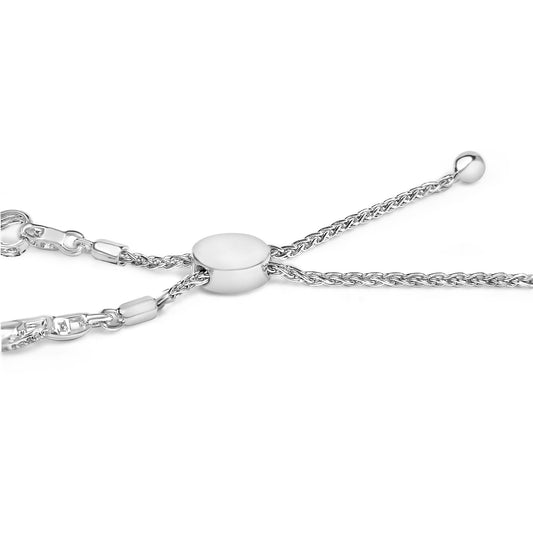 Close-up front angle of a white metal adjustable bracelet clasp with braided chain detailing, shown on a white background.
