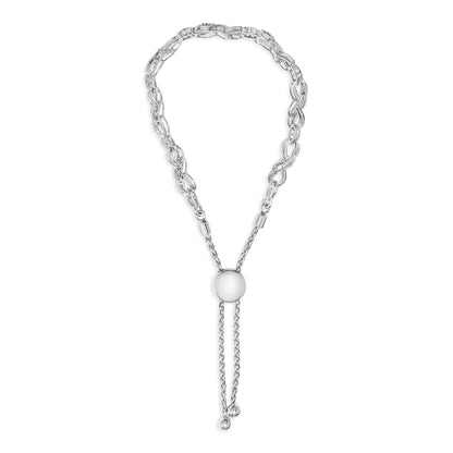 White metal bracelet with two linked chain styles; one section features larger links with white gemstones, shown from a top-down angle on a white background.
