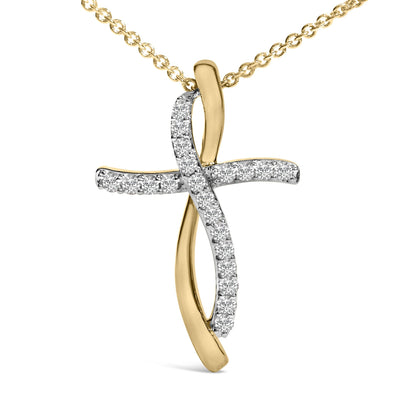 Close-up front view of a two-tone necklace pendant in a curved cross shape, featuring white round gemstones in prong settings along one curved arm and a smooth yellow metal curved arm.
