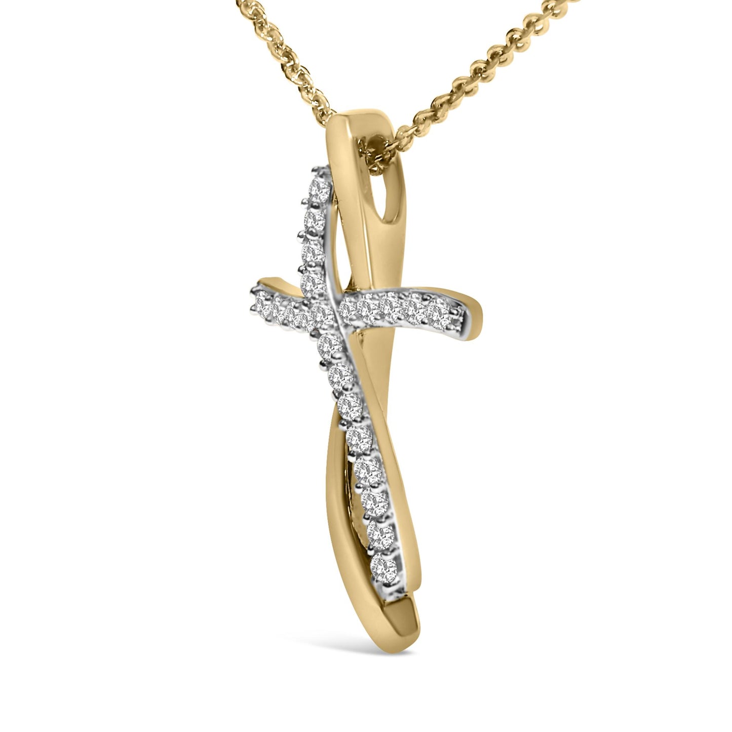 Close-up front angle of a yellow and white metal cross-shaped necklace pendant with round white gemstones in a prong setting along the front.