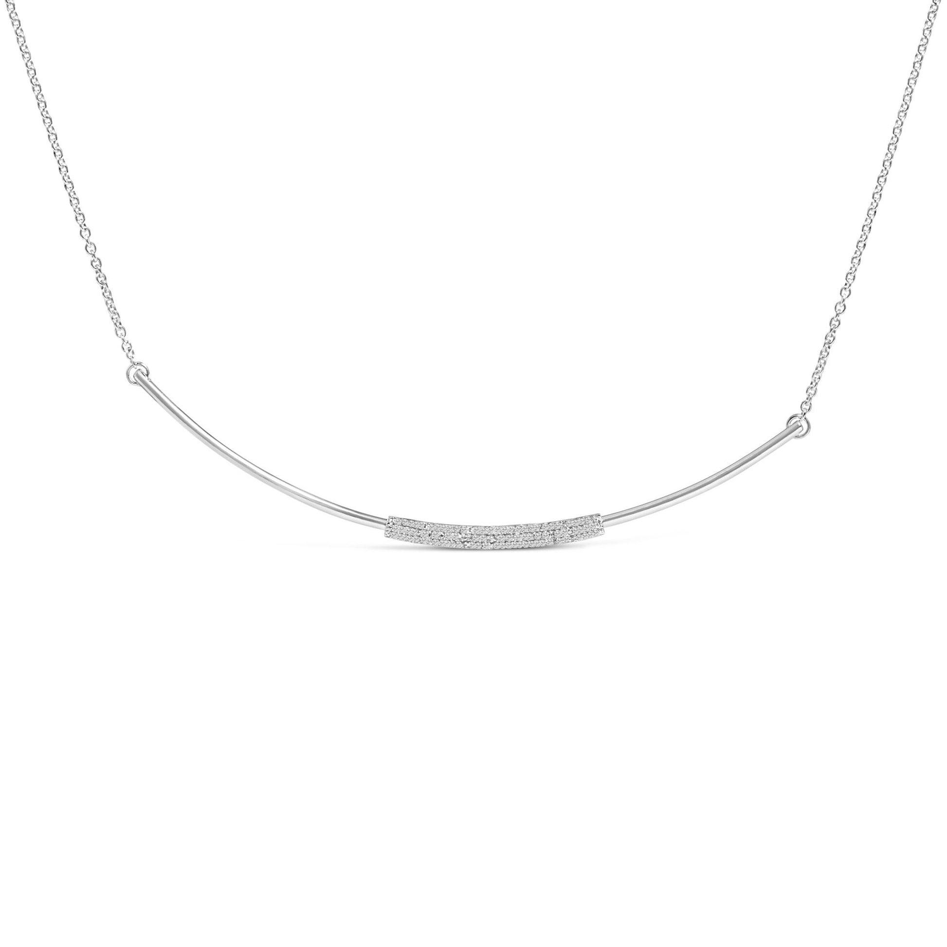 Front view of a white necklace featuring a curved bar with pave-set round white gemstones in the center, shown against a white background.