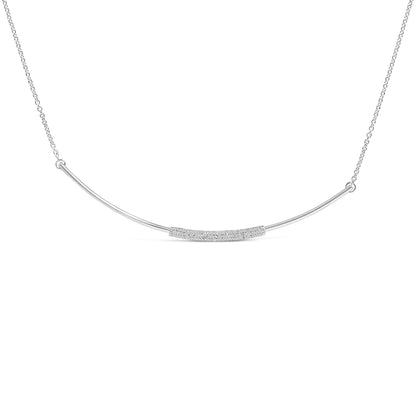 Front view of a white necklace featuring a curved bar with pave-set round white gemstones in the center, shown against a white background.