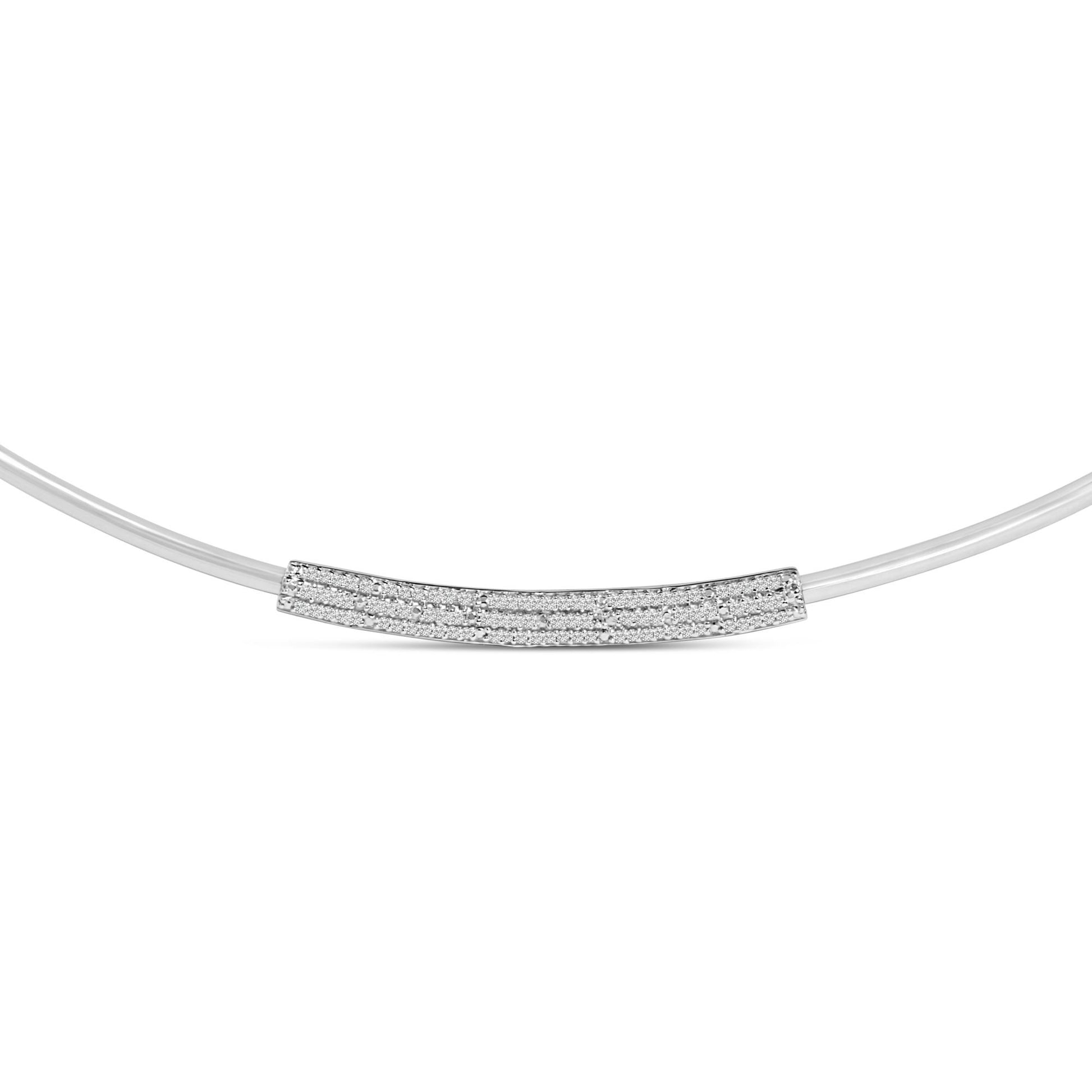 Close-up front view of a white necklace featuring a curved horizontal bar encrusted with multiple round white gemstones in a pave setting.