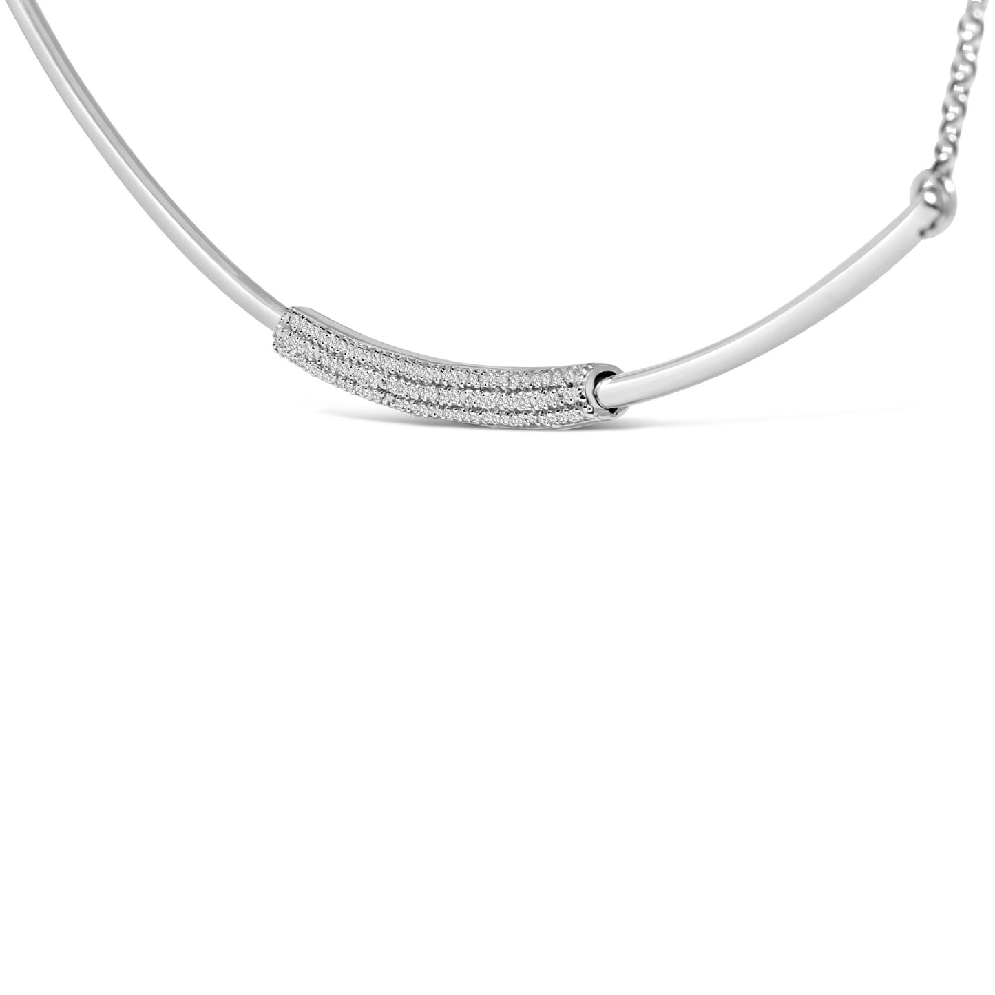 Close-up front angled view of a white necklace featuring a curved bar pendant with three rows of pave-set round white gemstones.