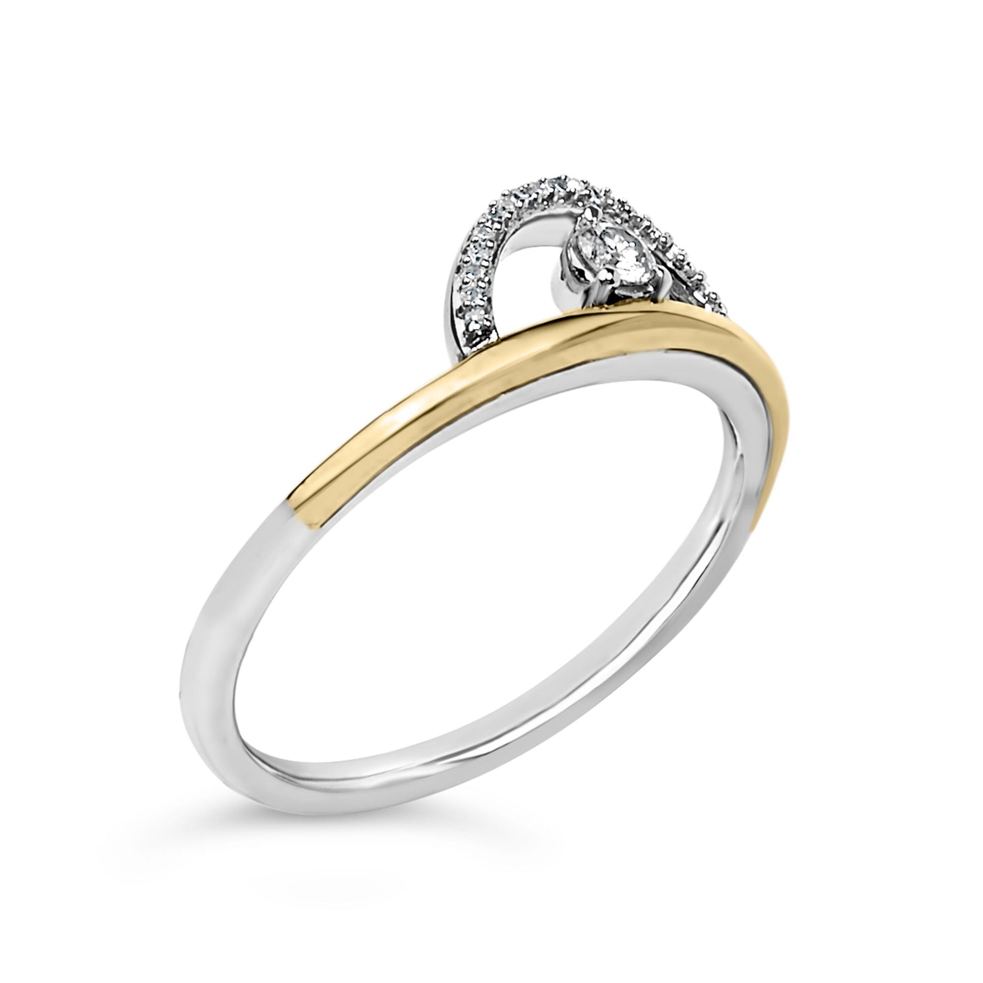 Close-up angled view of a ring with a split shank featuring yellow and white metal colors, a single round white gemstone in a three-prong setting, and a curved row of smaller round white gemstones in shared prong settings.