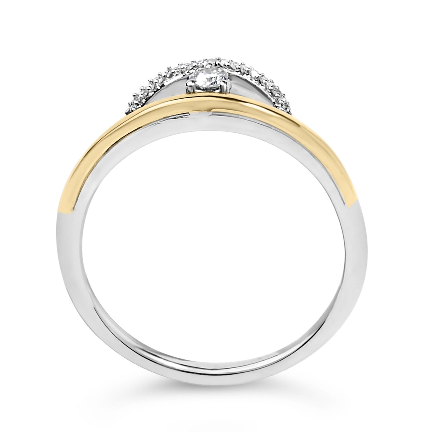 Close-up front view of a ring with a yellow and white band, featuring a central white gemstone in a 3-prong setting, surrounded by a row of smaller white gemstones in a shared prong setting.