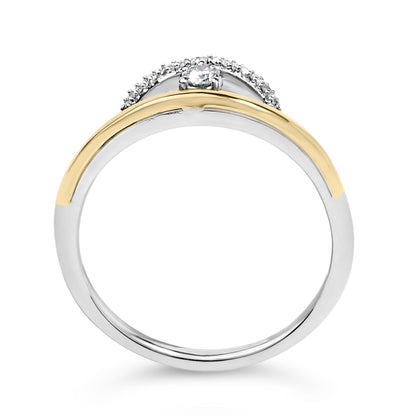 Close-up front view of a ring with a yellow and white band, featuring a central white gemstone in a 3-prong setting, surrounded by a row of smaller white gemstones in a shared prong setting.