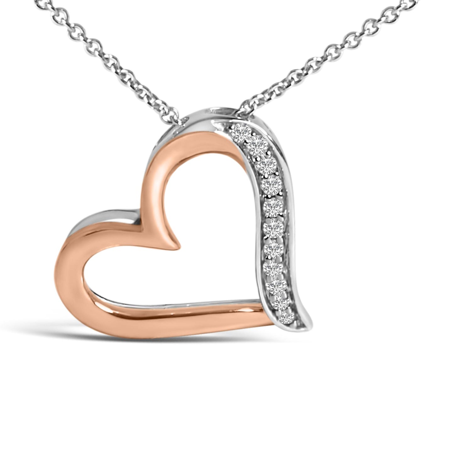 Close-up front view of a heart-shaped necklace pendant with a chain. The pendant features an open heart design with white and rose metal colors. One side of the heart is accented with a row of round white gemstones in a pave setting.