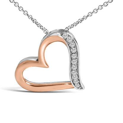 Close-up front view of a heart-shaped necklace pendant with a chain. The pendant features an open heart design with white and rose metal colors. One side of the heart is accented with a row of round white gemstones in a pave setting.