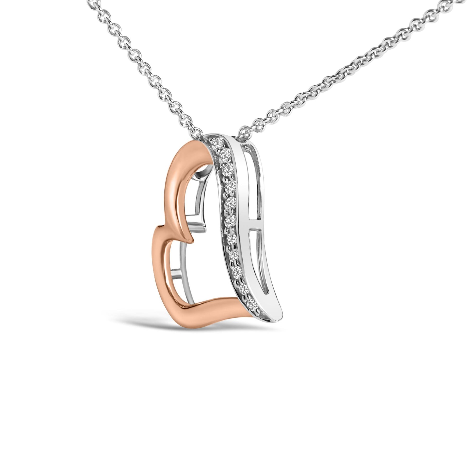 Close-up front angle of a heart-shaped necklace pendant featuring intertwined white and rose metal sections, with one white metal section adorned with a row of small white gemstones in a pave setting, shown on a white background.