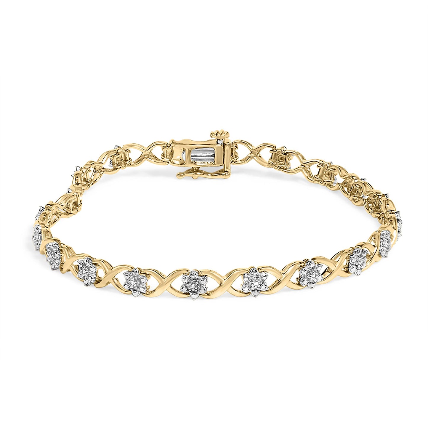 Bracelet shown from a top angle with an alternating yellow and white metal infinity link design and clusters of round white gemstones in prong settings.