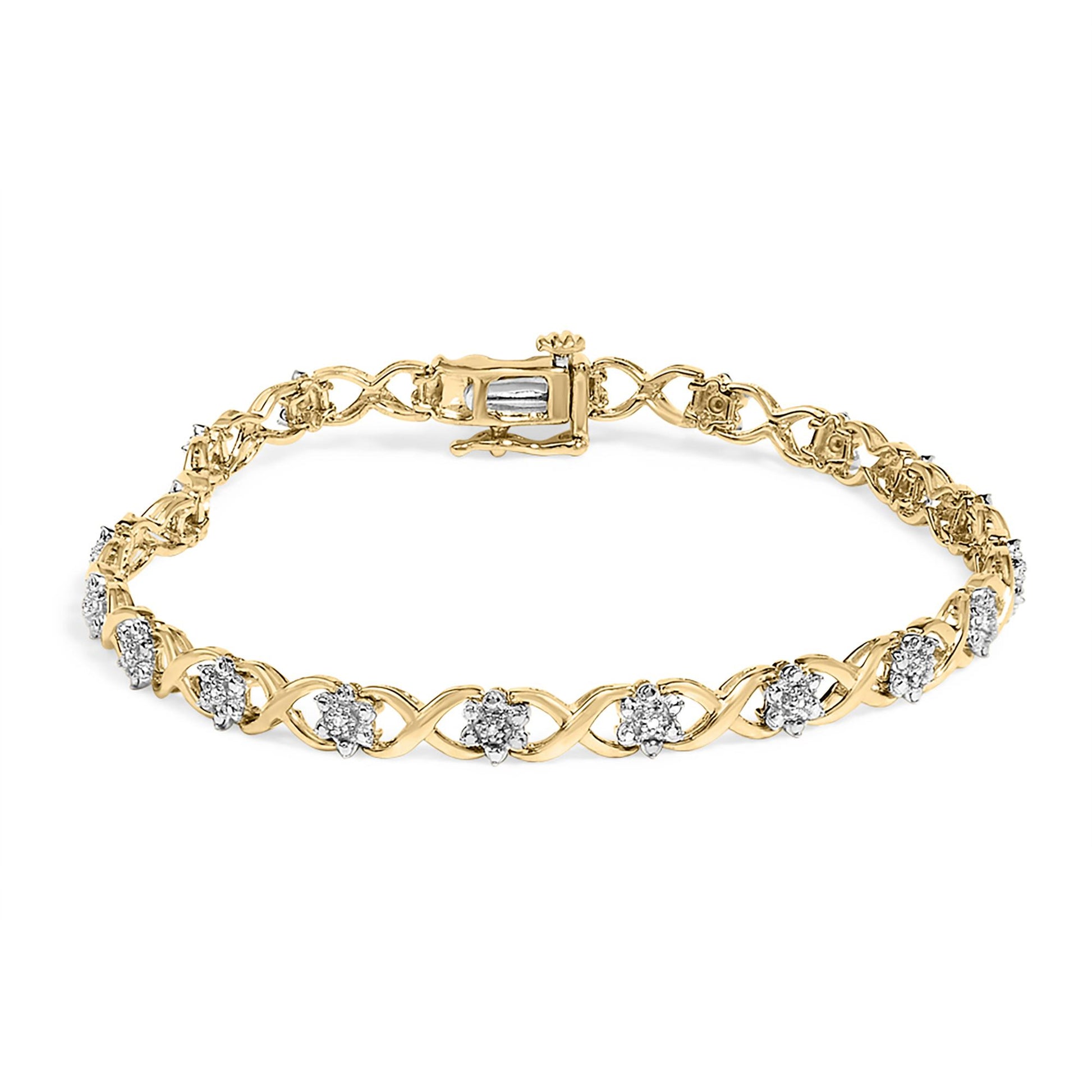 Bracelet shown from a top angle with an alternating yellow and white metal infinity link design and clusters of round white gemstones in prong settings.