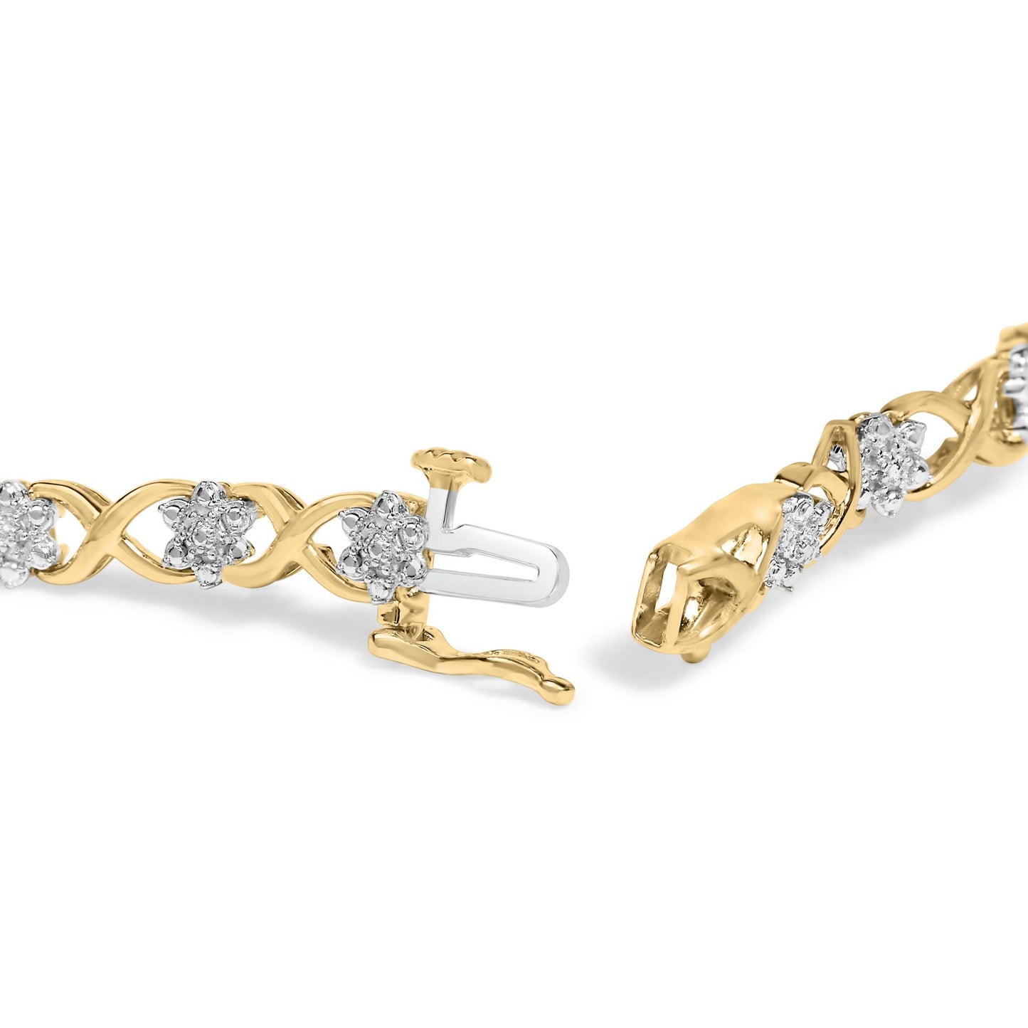 Close-up angled view of a bracelet with yellow and white metal featuring round white gemstones in prong settings arranged in flower shapes along an intertwined band, shown with the clasp open.